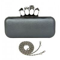 Evening Bag - 12 PCS - Small Jeweled Stones Knuckle Clutch Bags - Pewter - BG-HD1341PT